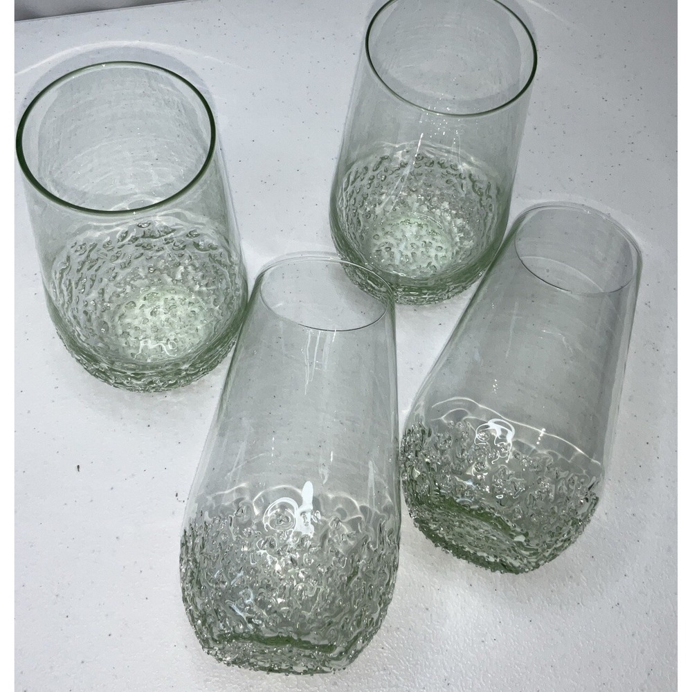 Ice Droplet Glass Tumblers Set of 4 Light‎ Green Textured Cooler Cups Vintage
